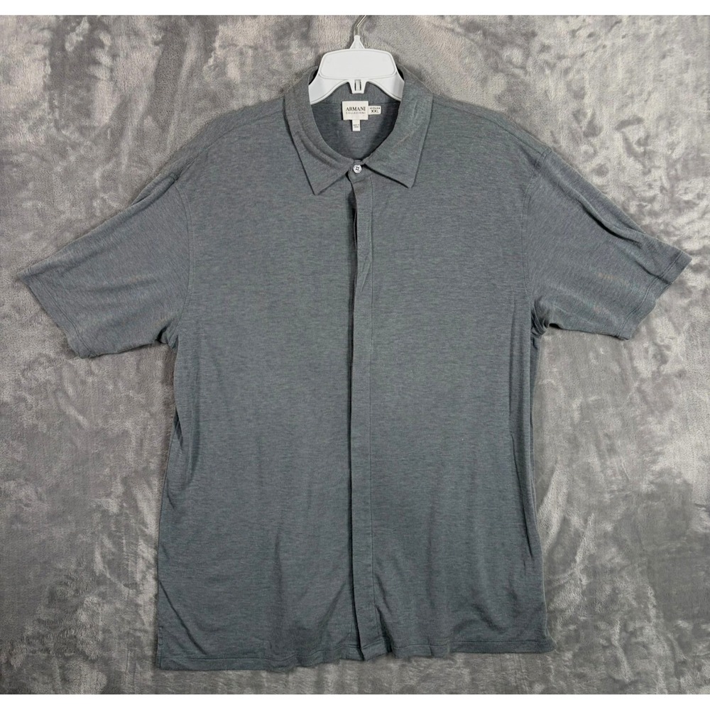 Armani Collezioni Short Sleeve Button Up Shirt Mens 2XL Silk Cotton Blend Gray